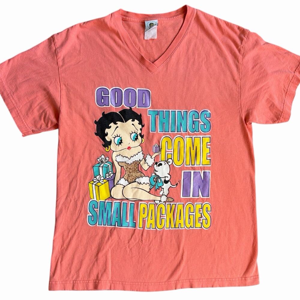 Betty Boop 2001 Vintage T-shirt Coral Graphic V Neck Short Sleeve Womens XL